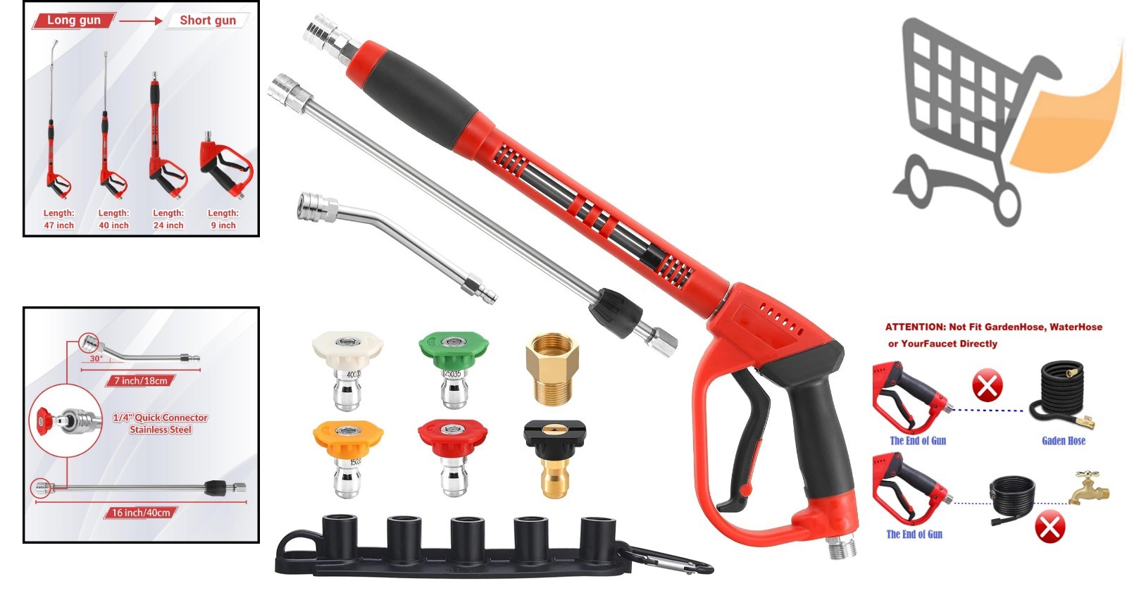 Pressure Washer Gun Brass Stainless Steel 47in Extension 5 Nozzle Tips