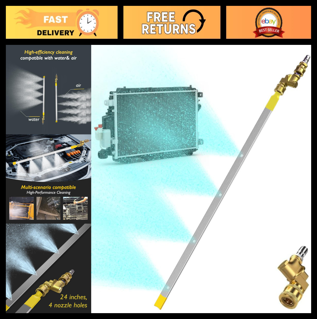 24in Radiator Cleaning Wand – 4500PSI Pressure Washer Tool for Car Flush Kit