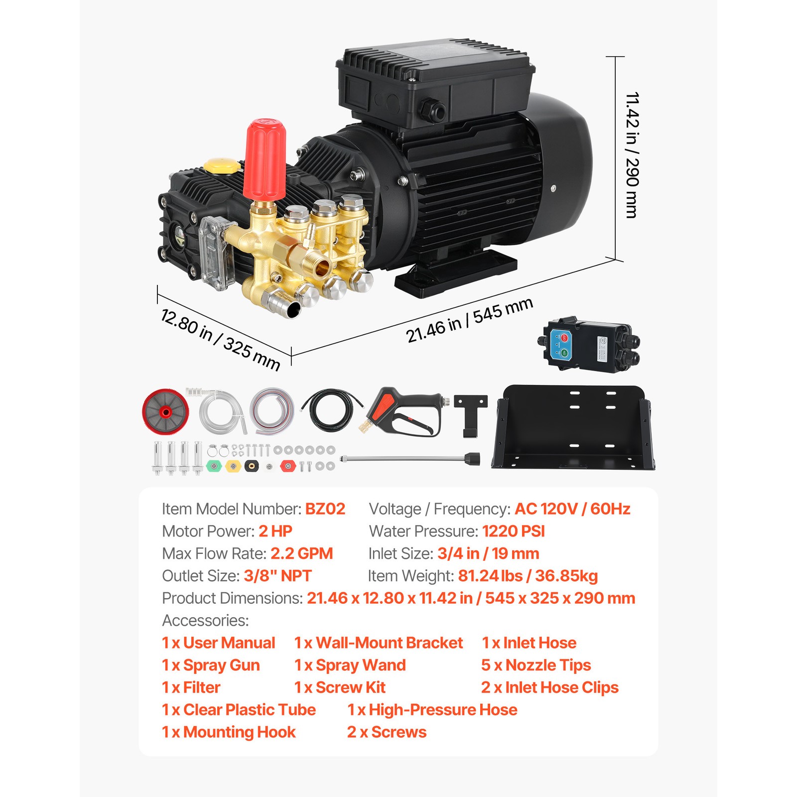 Uimoso Electric Pressure Washer Pump Kit with 2HP Motor and Mounting Bracket