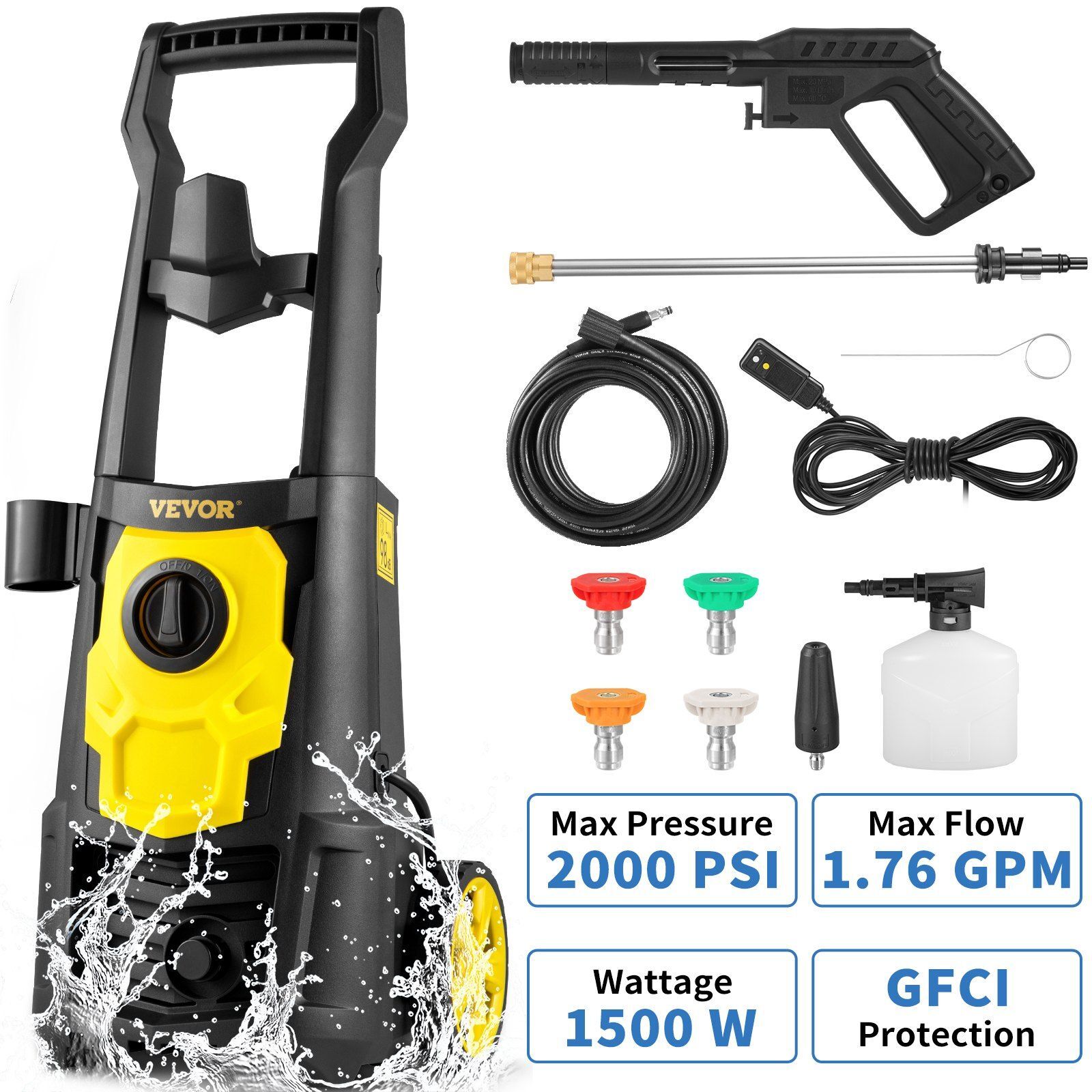 Electric Pressure Washer, 2000 PSI, Max. 1.76 GPM Power Washer w/ 30 ft Hose
