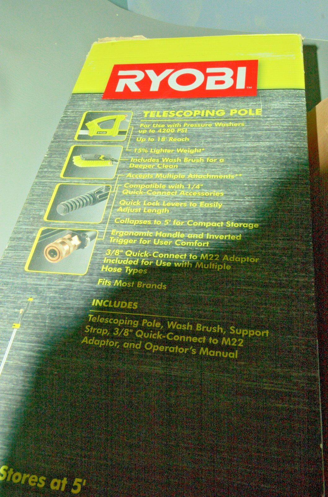 Ryobi 18 ft Pressure Washer 18ft Telescoping Pole Extension W/ Brush RY31EP26