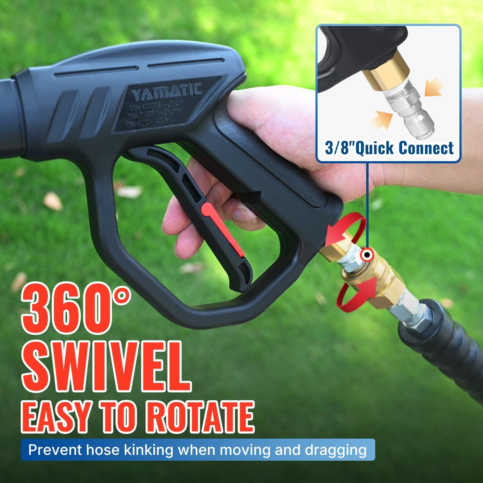 Pressure Washer Gun Wand with Swivel 3/8″ Plug & M22 Coupler – 43″ Ergonomic Ext