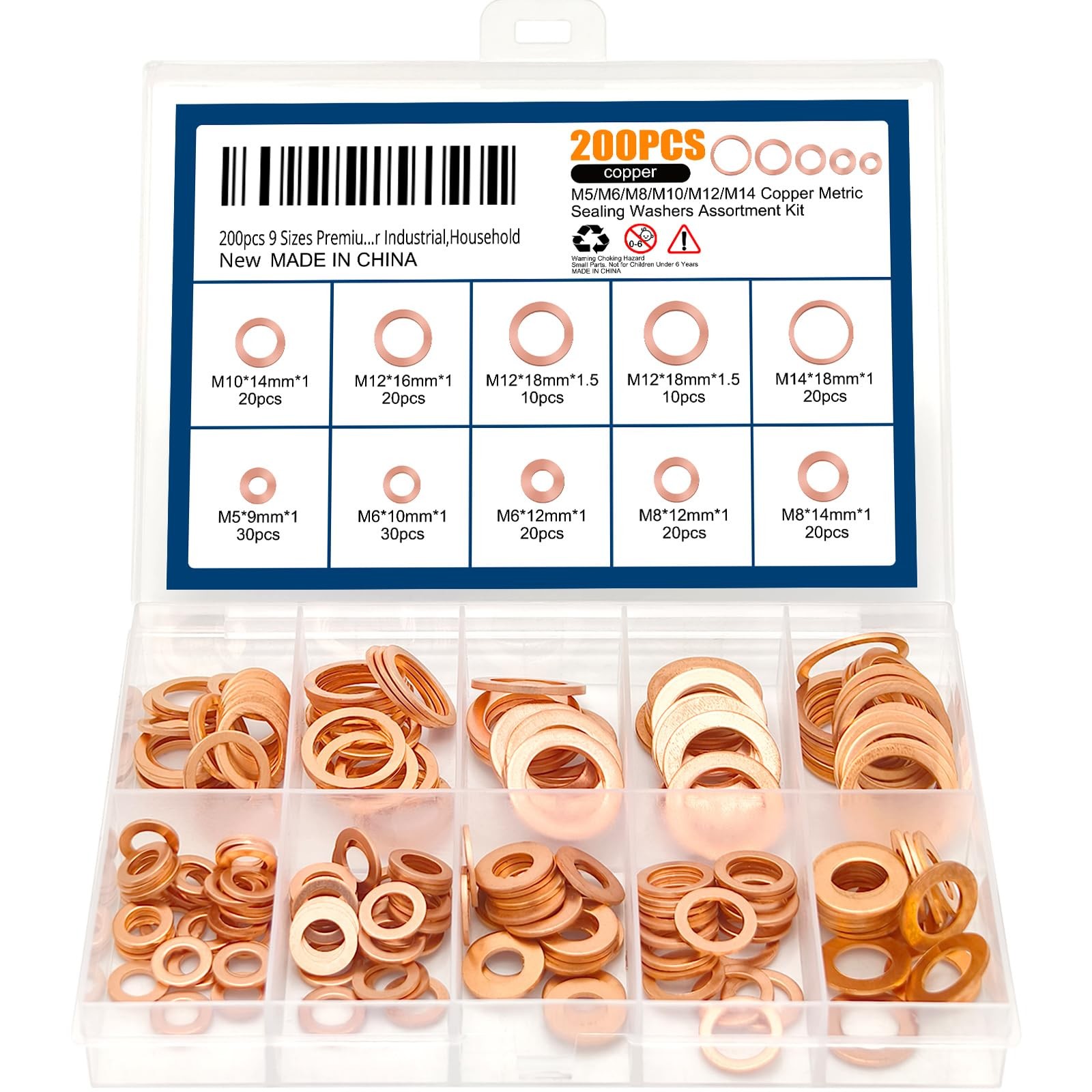200 Pcs 9 Sizes Copper Metric Sealing Crush Washers Assortment Kit for Most Cars