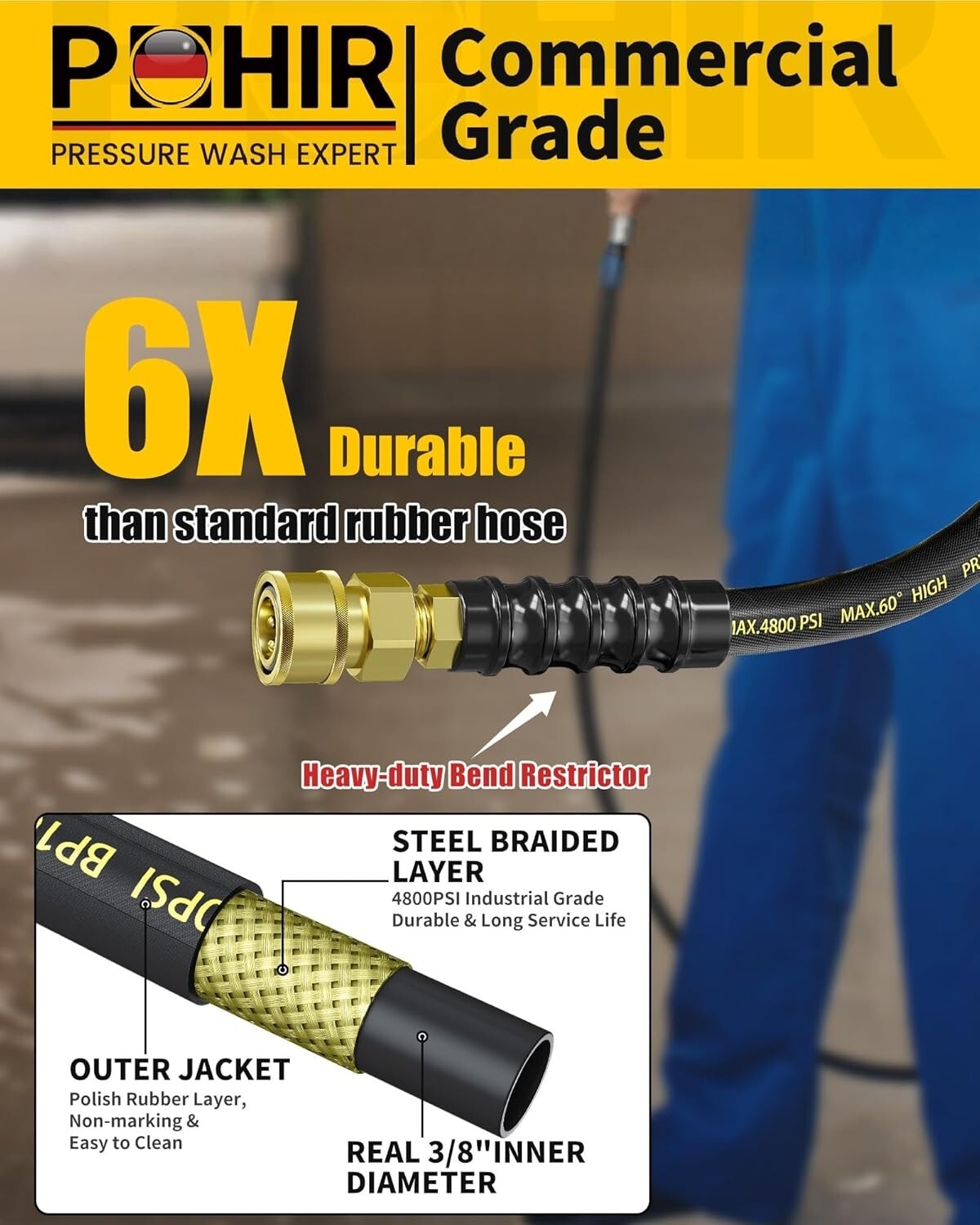 25FT Pressure Washer Hose 4800PSI 3/8″ Kink Resistant Power Hose W/Quick Connect
