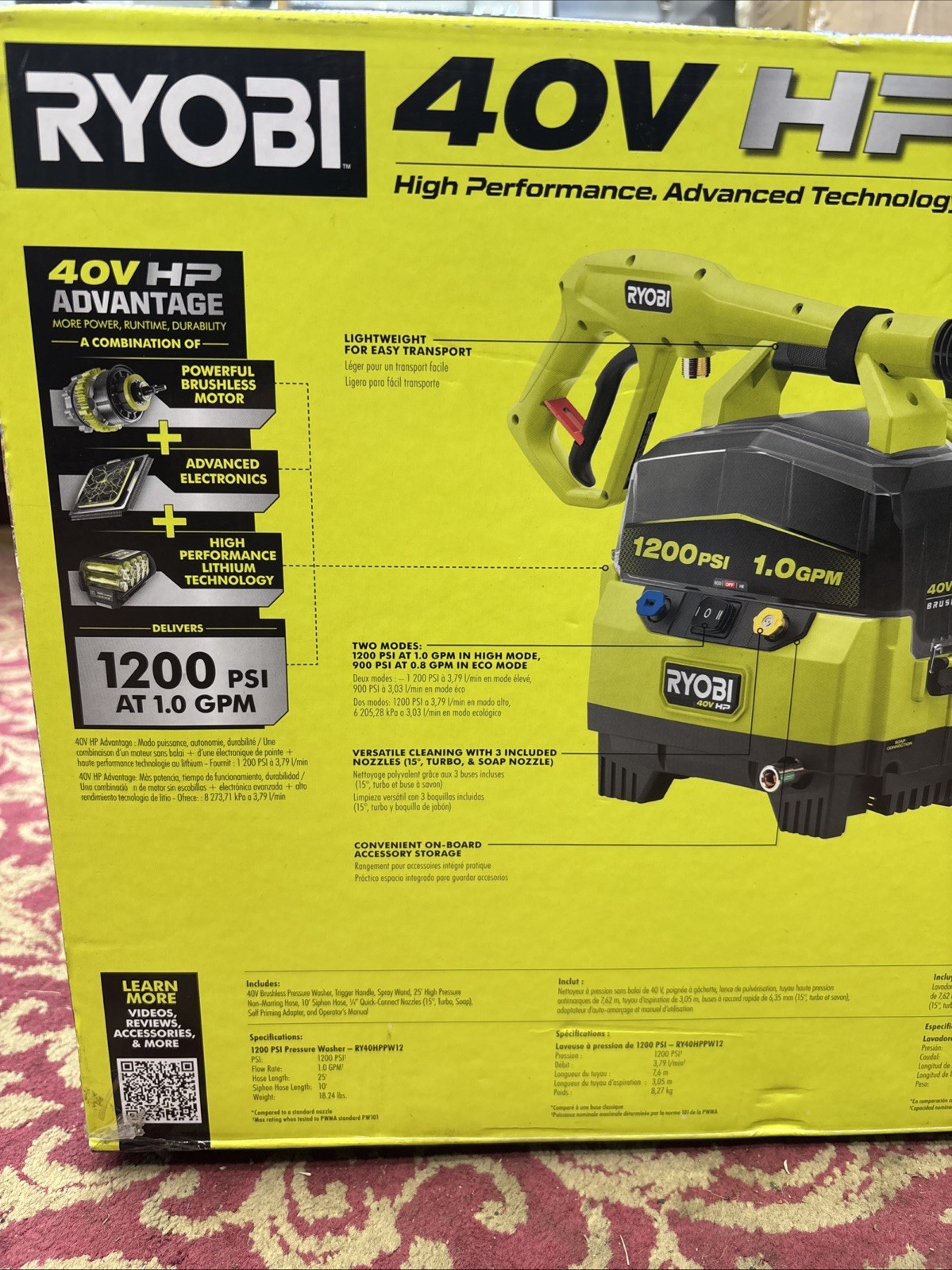 Ryobi 40V HP Brushless Pressure Washer 1,200PSI 1.0GPM