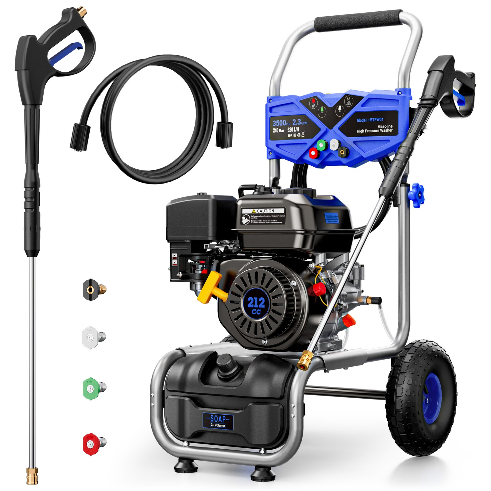Mutaomay Gasoline Pressure Washer 3500PSI 2.3GPM 212CC 25ft Hose & 3L Soap Tank