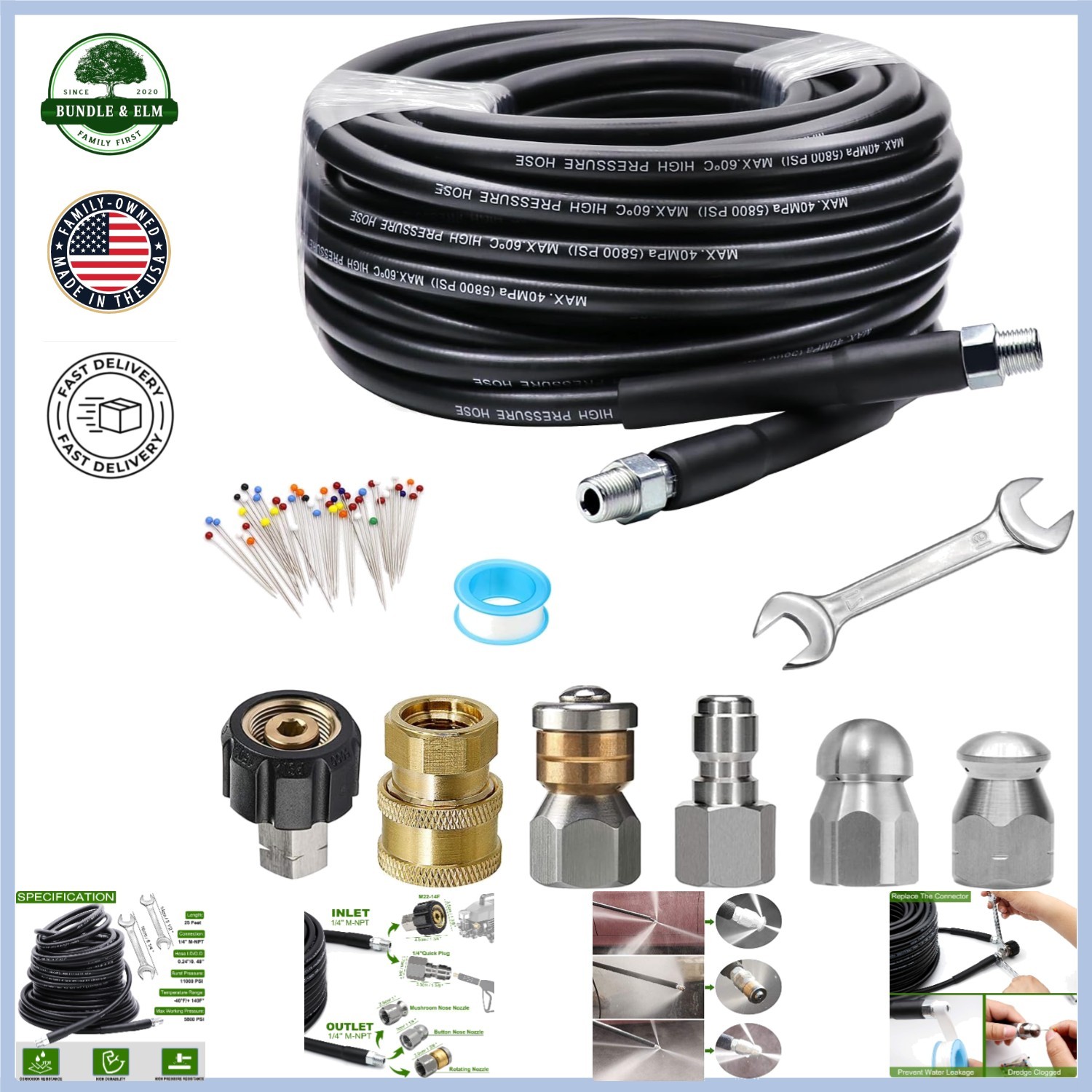 Complete Drain Cleaning Kit with 25 FT Hose and Pressure Washer Connectors