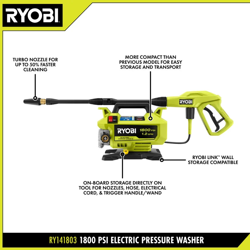 RYOBI 1800 PSI 1.2 GPM Cold Water Corded Electric Pressure Washer RY141803