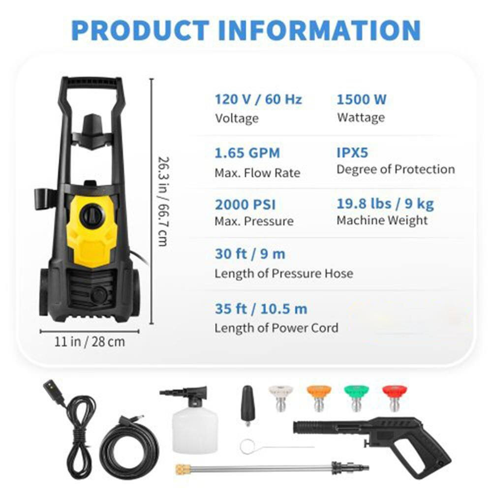 Electric Power Washer 2000 PSI and 1.65 GPM W/ 30Ft Hose, 5 Nozzles, Foam Cannon
