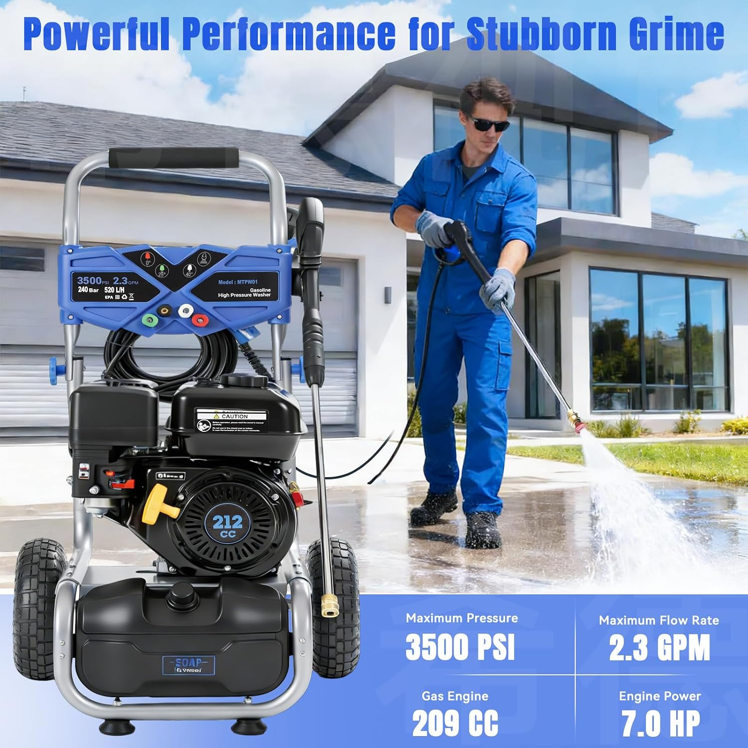 3500PSI Gas Pressure Washer, 212CC / 2.3GPM / 7HP / 4-Stroke Gas Power Washer wi