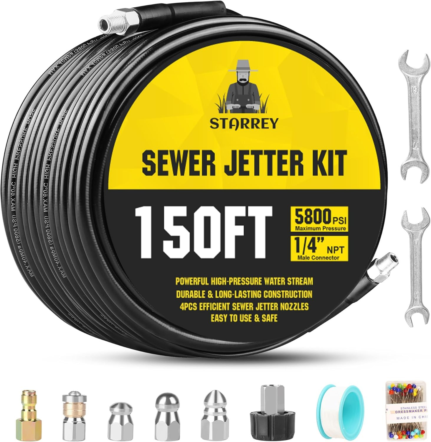 150FT Pressure Washer Drain Jetter Kit – Clear Clogs Up to 5800PSI