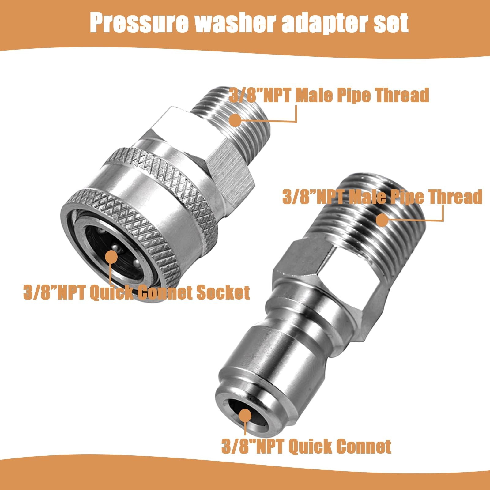 4 Sets NPT 3/8 Inch Pressure Washer Coupler Quick Connect Plug Adapter Stainless