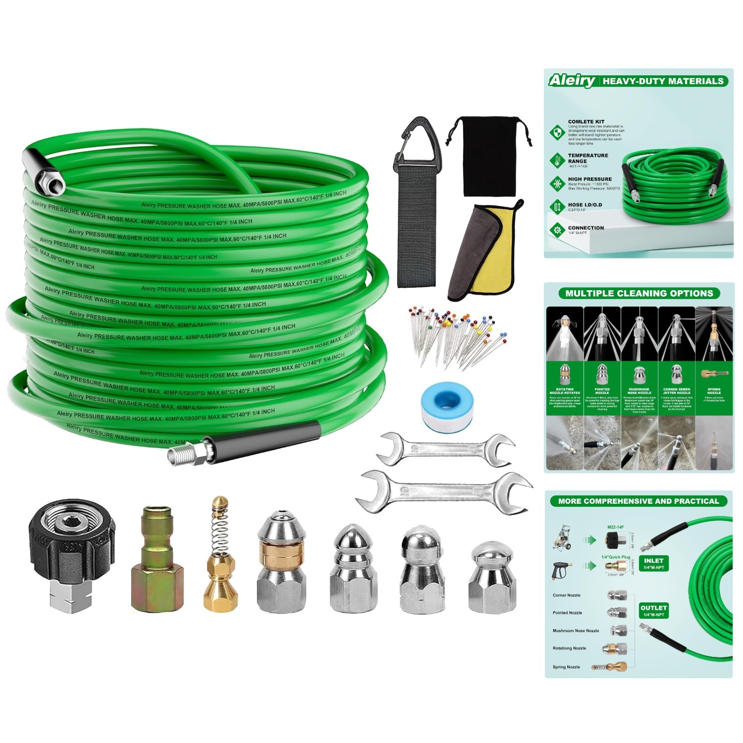 High-Pressure 50 FT Sewer Jetter Kit with Corner Nozzle & Spring Nose Design