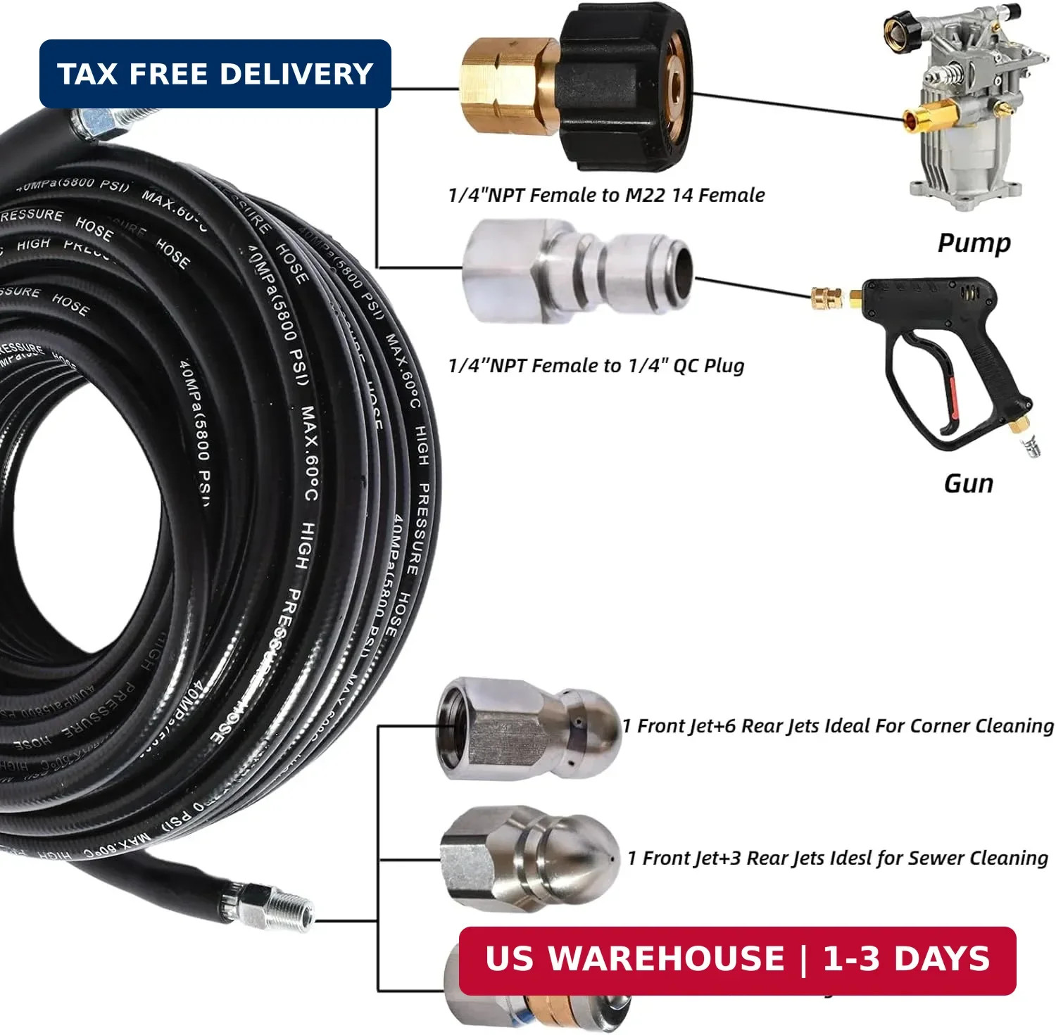 Sewer Jetter Kit for Pressure Washer 5800 PSI Drain Cleaner Hose 1/4 Female NPT,