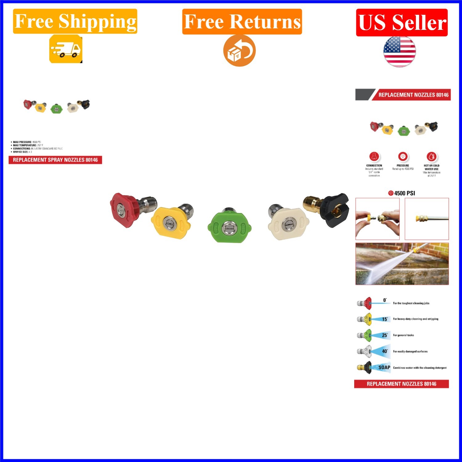 Set of 5 Universal 4500 PSI Pressure Washer Nozzles, 1/4-Inch Quick Connect