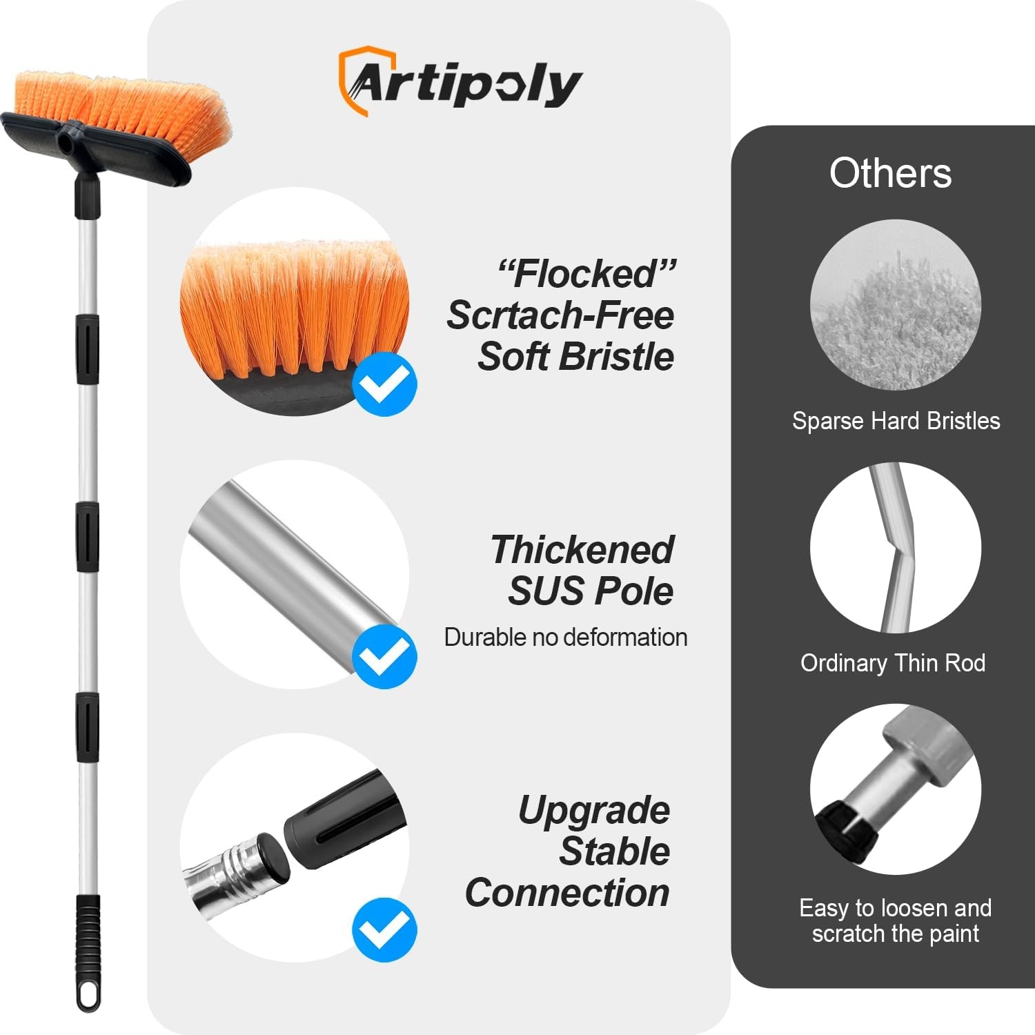 65″ Car Wash Brush with Extension 10" brush 65" pole, Deep Orange