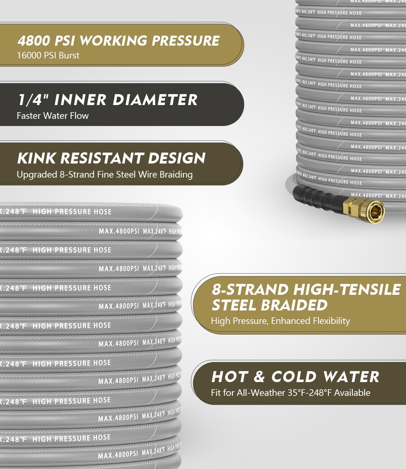 4800 PSI Pressure Washer Gun and Hose Kit, 25 FT, 3/8″ Quick Connect, M22-14mm