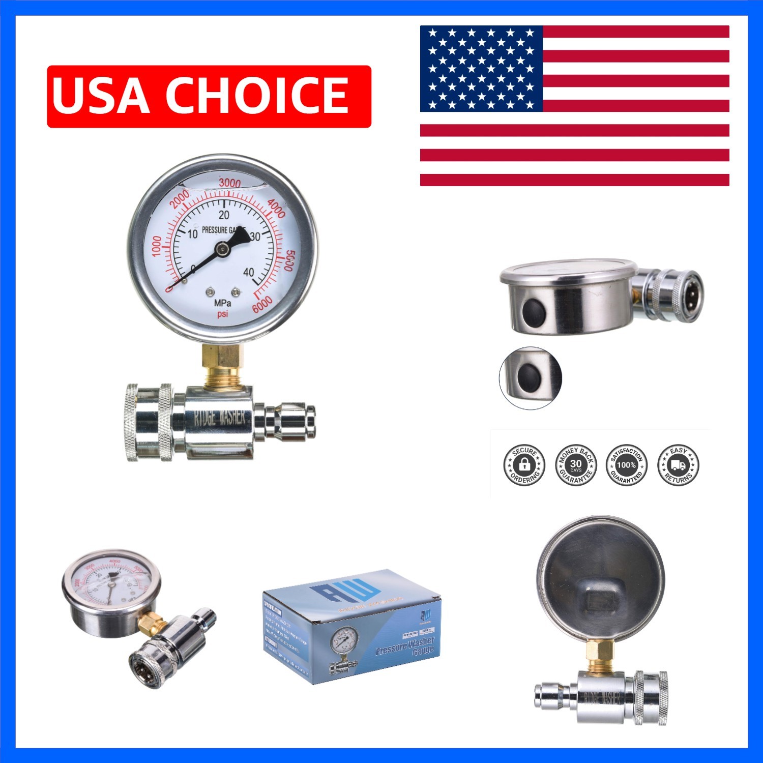 Pressure Washer Gauge with 3/8 Inch Quick Connect Socket and Plug, 6000 PSI