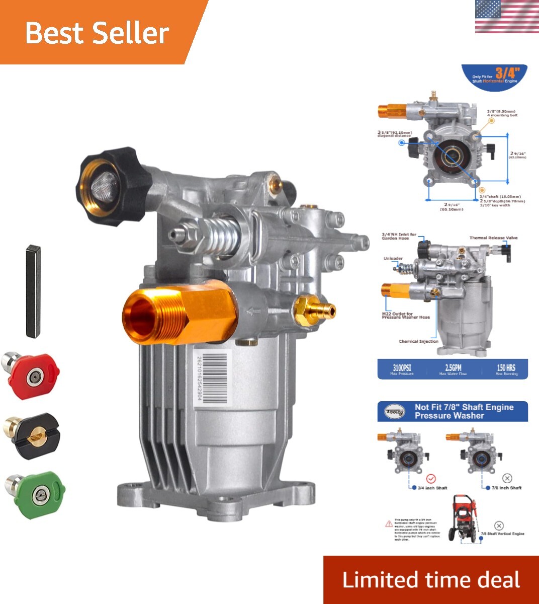 Lightweight 3/4″ Shaft Pressure Washer Pump for Easy Installation – 3100 PSI