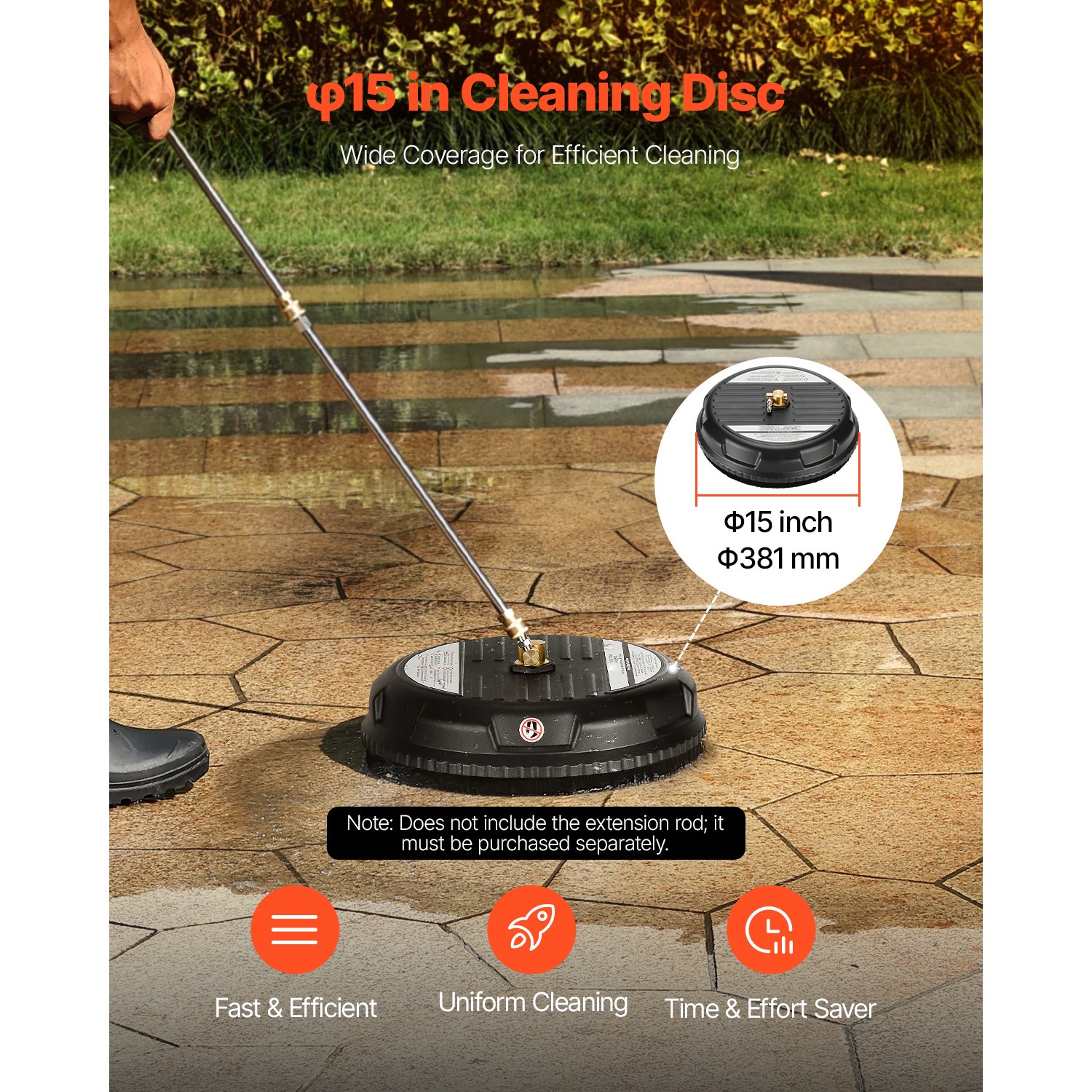 15″ Pressure Washer Surface Cleaner 4 Wheels 3000 Max PSI Plastic Black