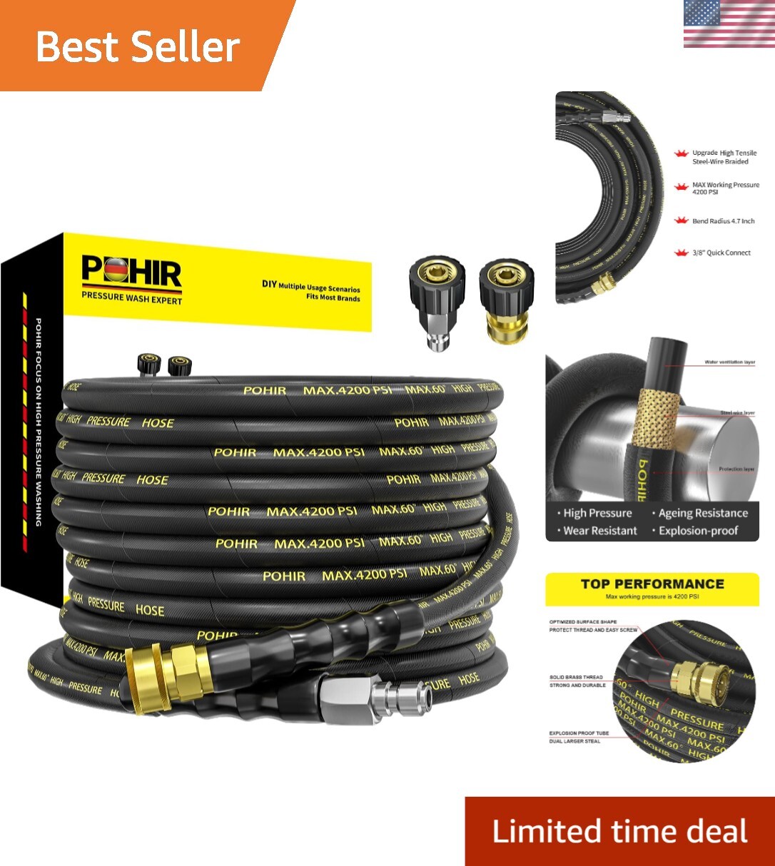 25FT Heavy Duty Power Washer Hose – 16000 PSI Burst Pressure & Flexible Design
