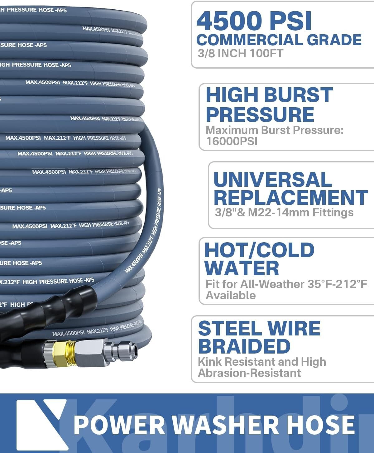 100FT 4500PSI Pressure Washer Hose 3/8″ Wire Braided Kink Resistant Power Hose