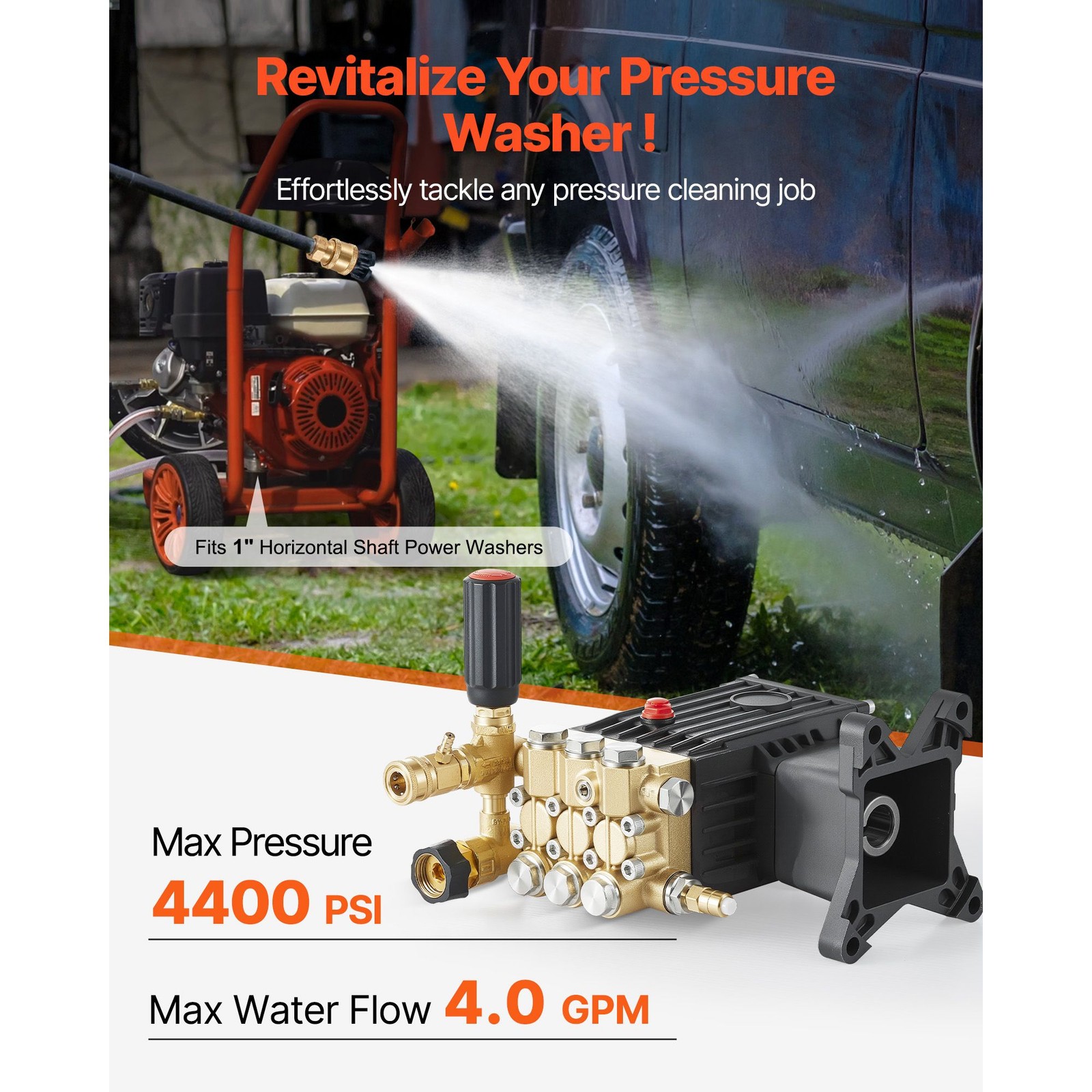 3600 PSI 3.7 GPM Pressure Washer Pump, 1in Shaft Triplex for Simpson MorFlex