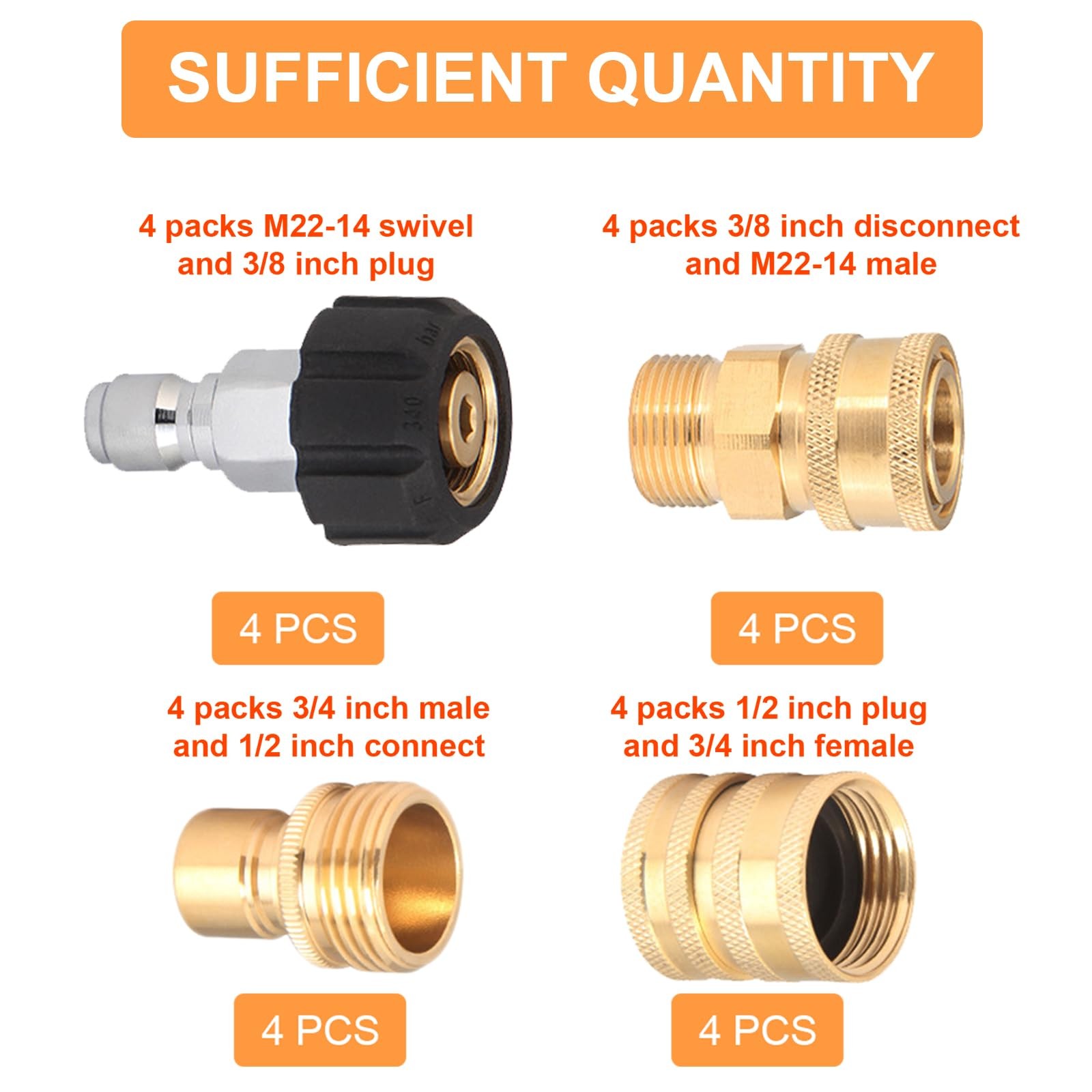 Pressure Washer Quick Disconnect Kit M22-14mm to 3/8 Inch – 16 Packs for Garden