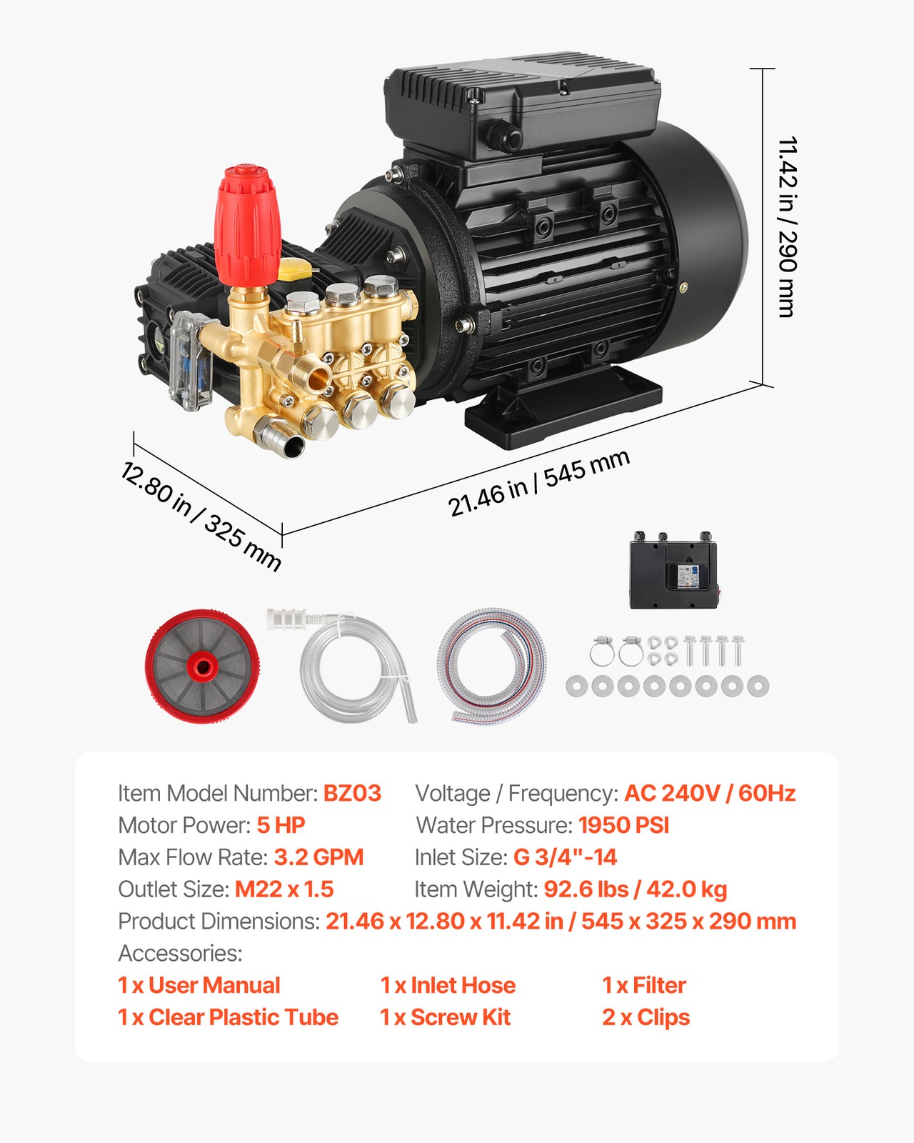 VEVOR Electric Pressure Washer Pump Kit Triplex Power Washer Pump with 5HP Motor