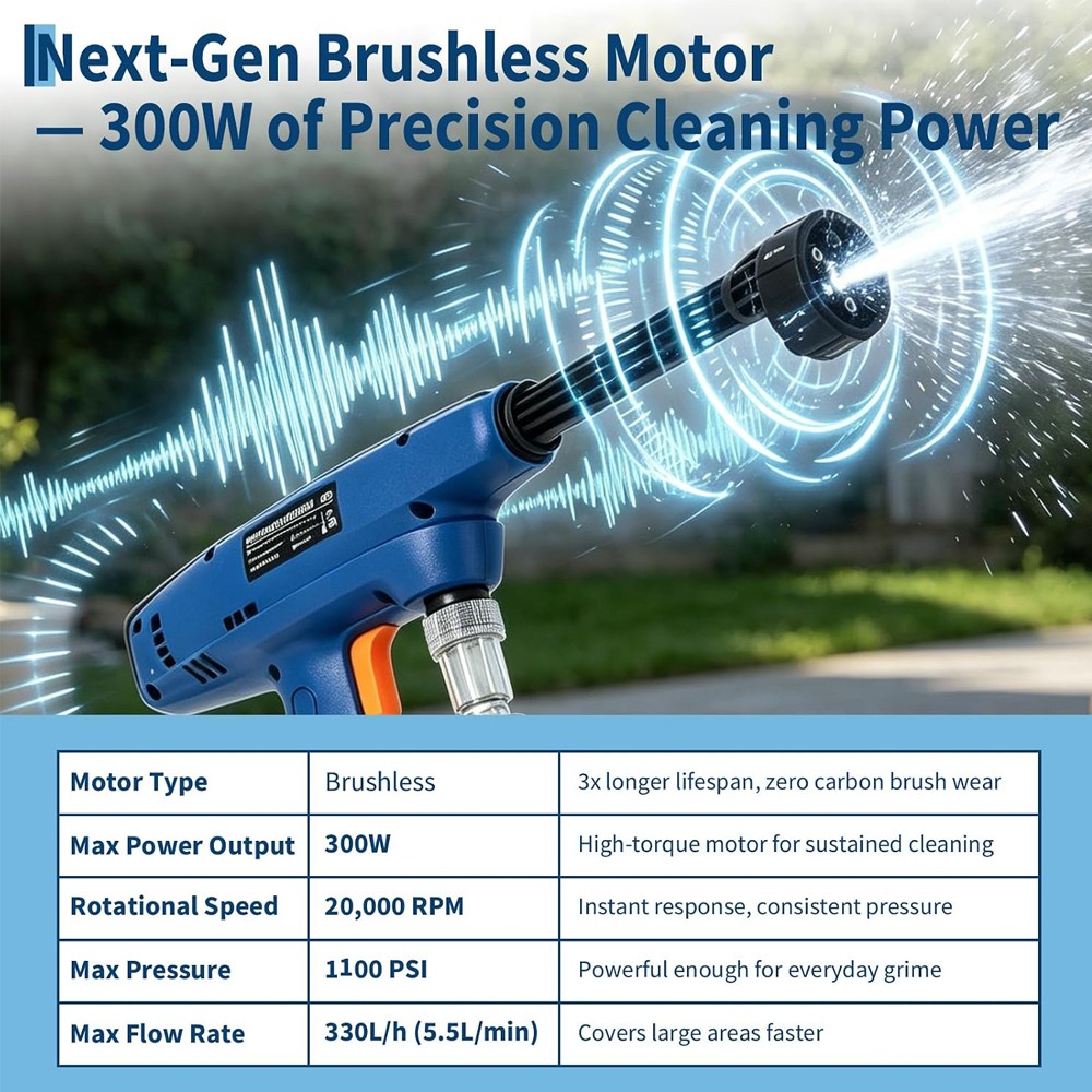6in1 Nozzle Cordless Pressure Washer 1100 PSI Power Washer 16.5FT Hose 2 Battery