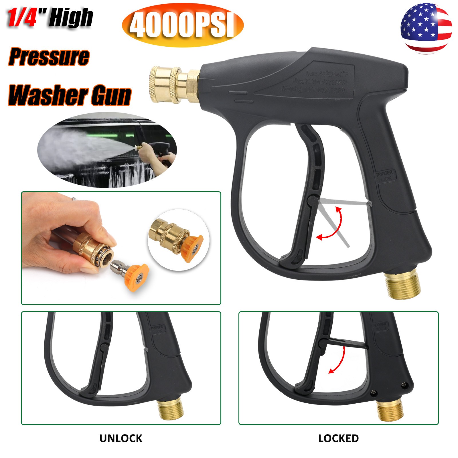 4000PSI High Pressure Car Power Washer Gun Spray Wand Short US