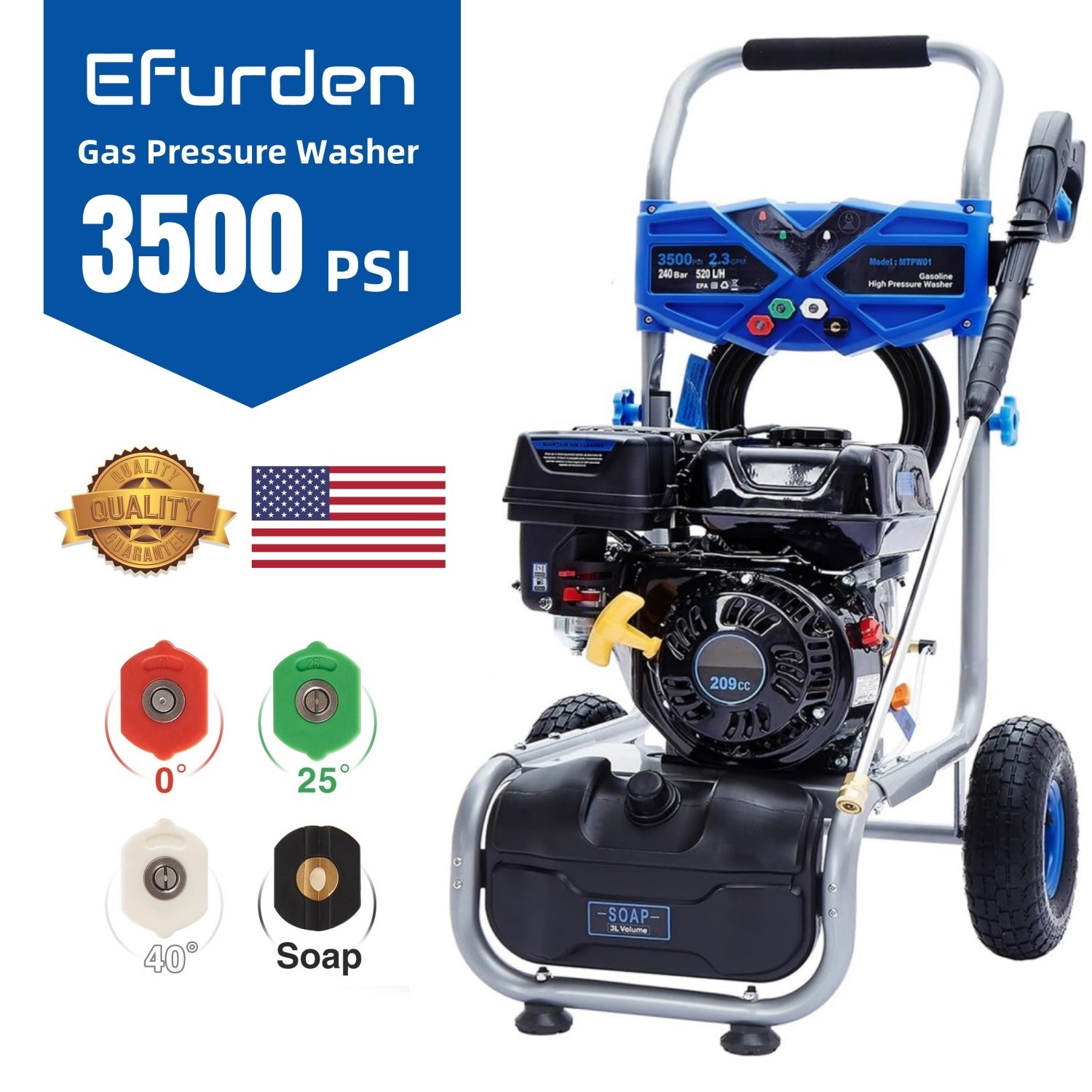 Efurden Cold Water Gas Powered Washer 3500PSI 2.3GPM 209cc Engine for Car/Floor