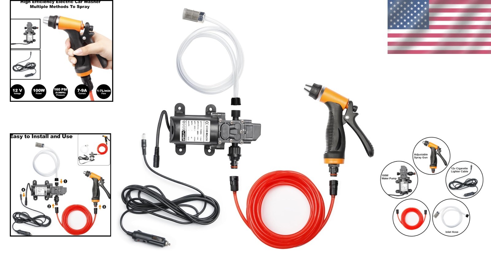 Portable Electric Pressure Washer Pump, 100W, Black, Hose