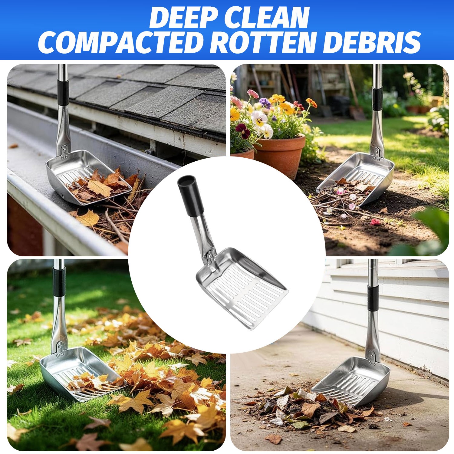 3-in-1 Gutter Cleaning Tools with Brush Rake Scoop Glove 180° Rotating Pole