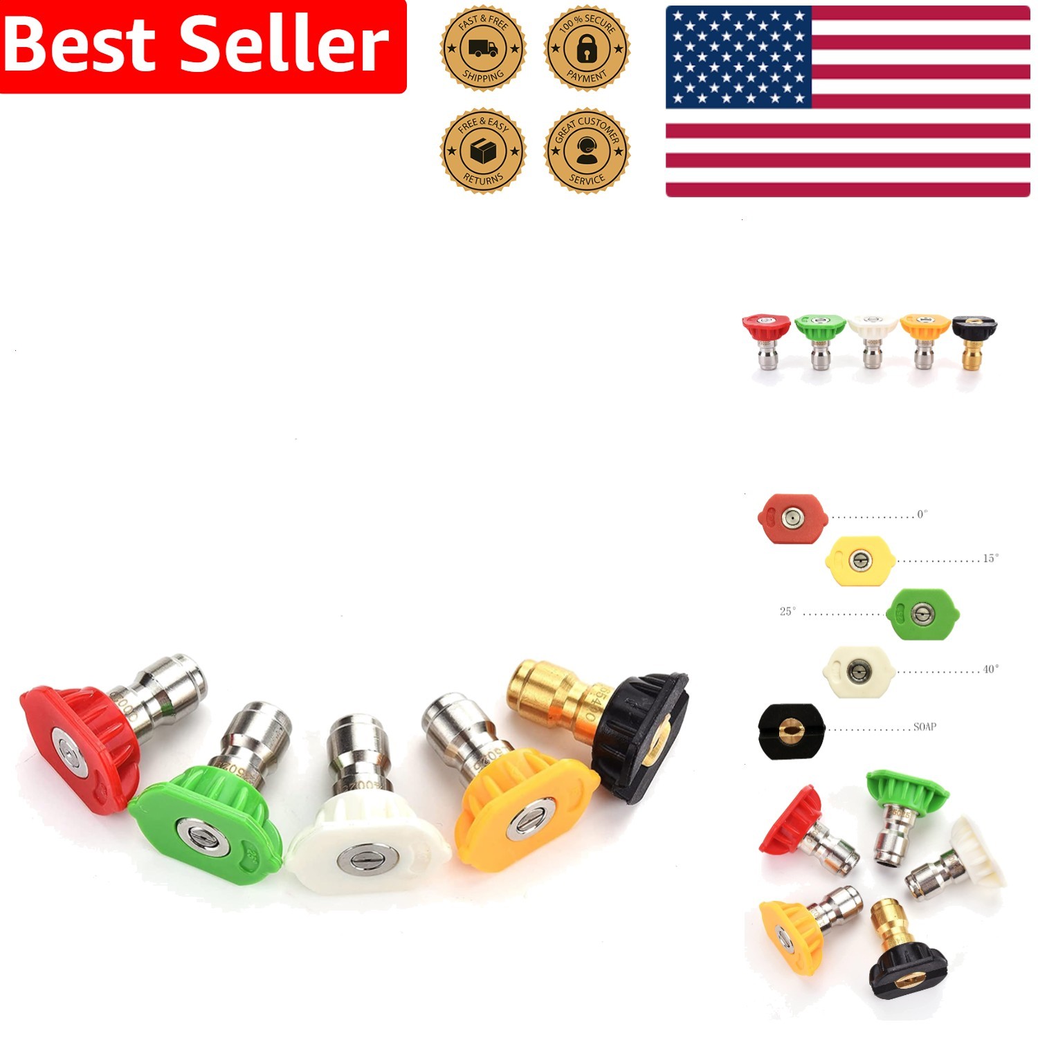 Pressure Washer Nozzle Tips 5-Pack 4000 PSI Stainless Steel Brass Quick Connect
