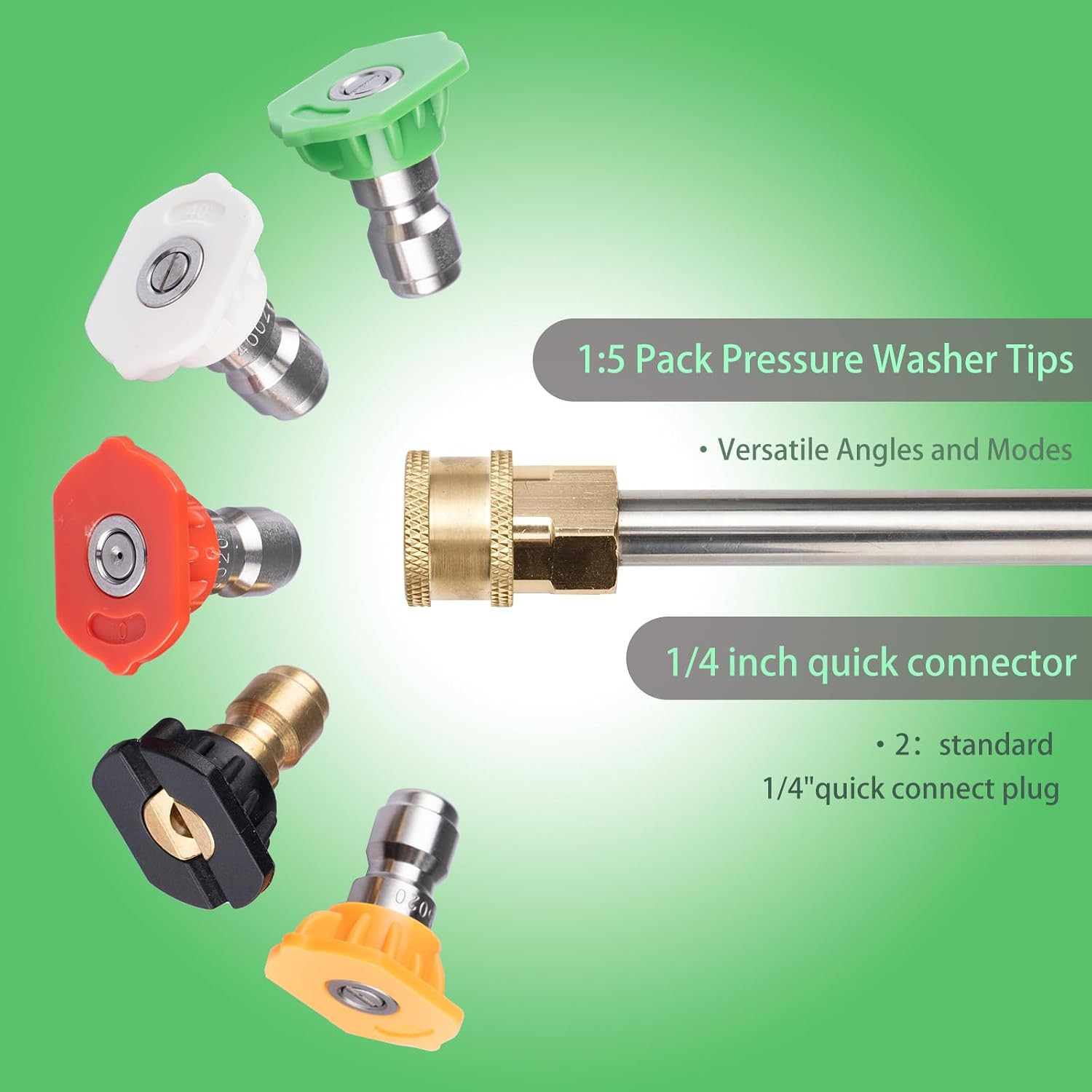 Universal Pressure Washer Nozzle Tips Set, 5 Multi-Degree Spray Tips(0、15、25、40)