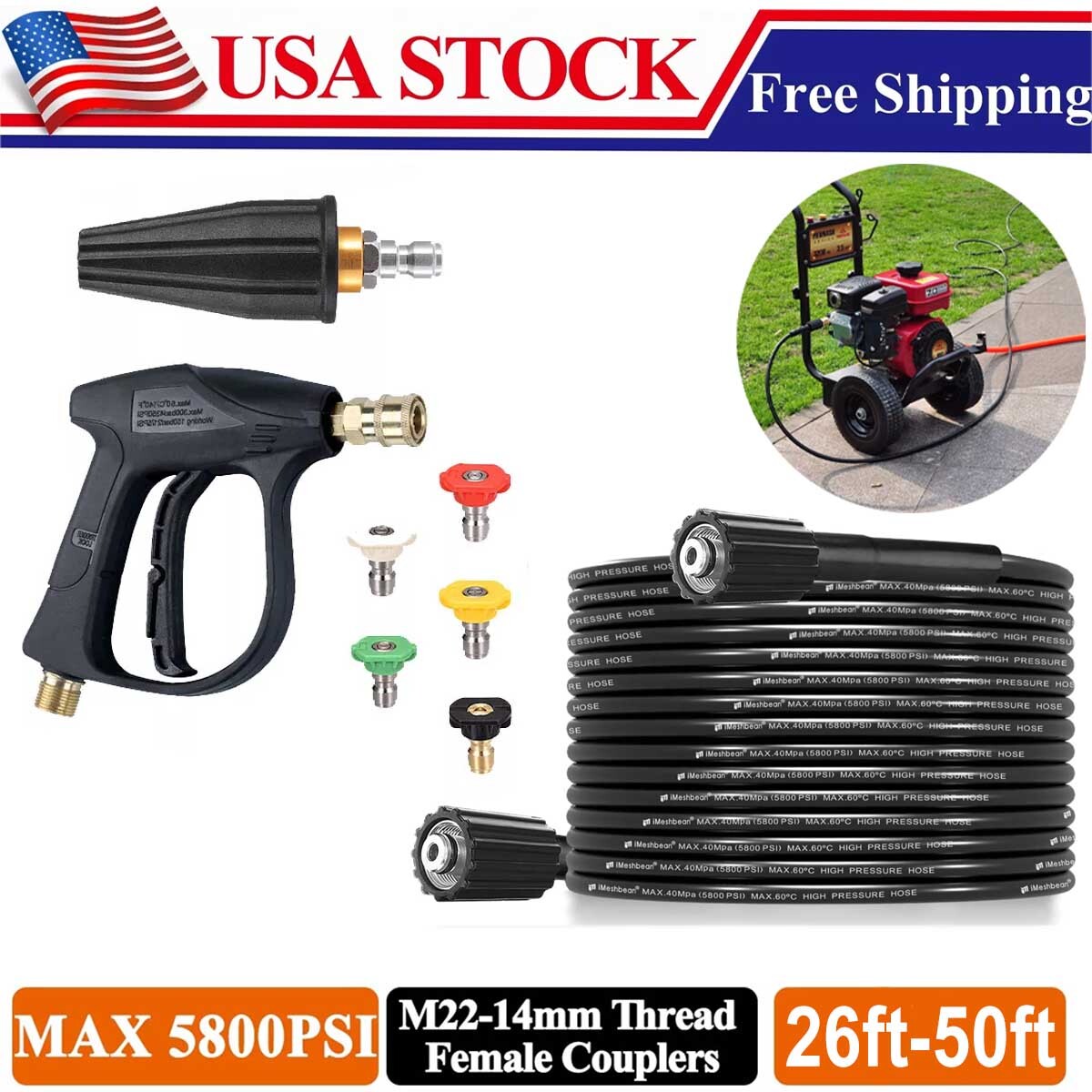 50 FT High Pressure Washer Hose 5800 PSI M22-14MM Power Washer Extension Hose US