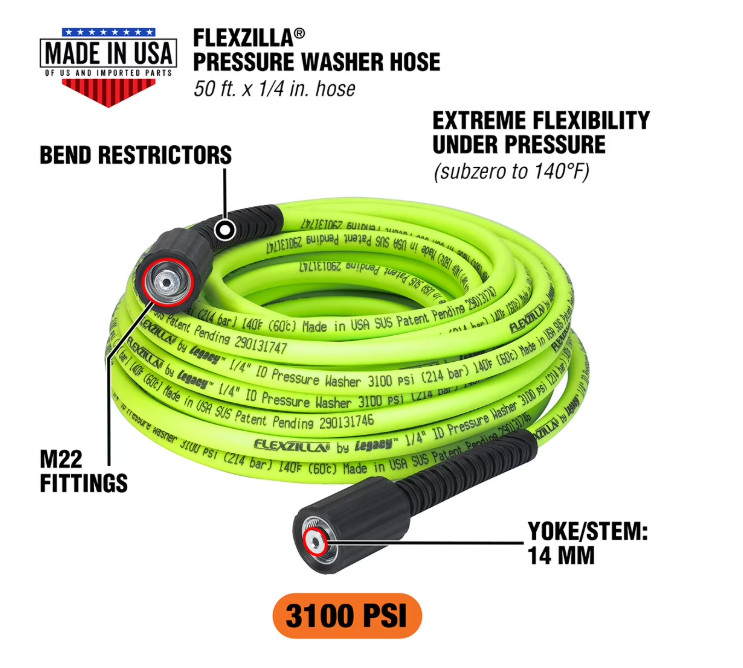 Flexzilla 1/4″ x 50′ 3100 PSI M22 Fittings No Kink Flexible Pressure Washer Hose