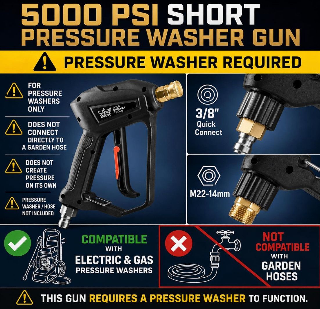 5000 PSI Pressure Washer Gun 3/8″ QC M22-14mm w/ 5 Nozzles & Swivel