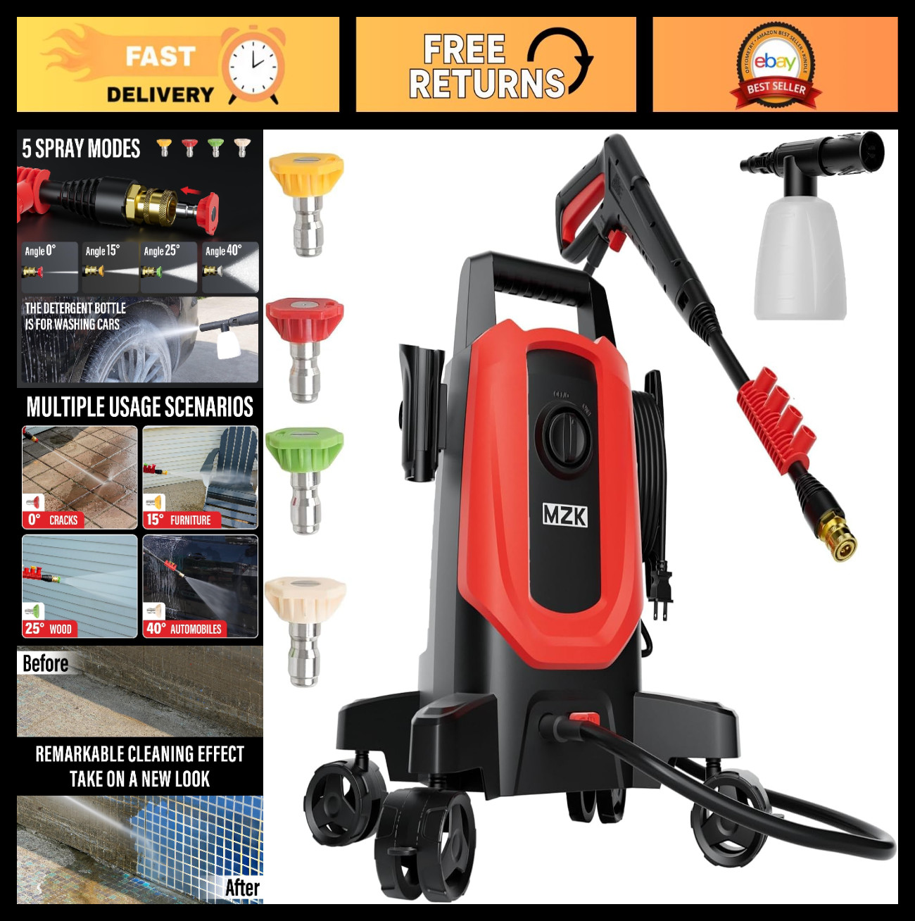 High-Pressure 4800PSI Pressure Washer, 4 Quick-Connect Nozzles & Foam Cannon, Id