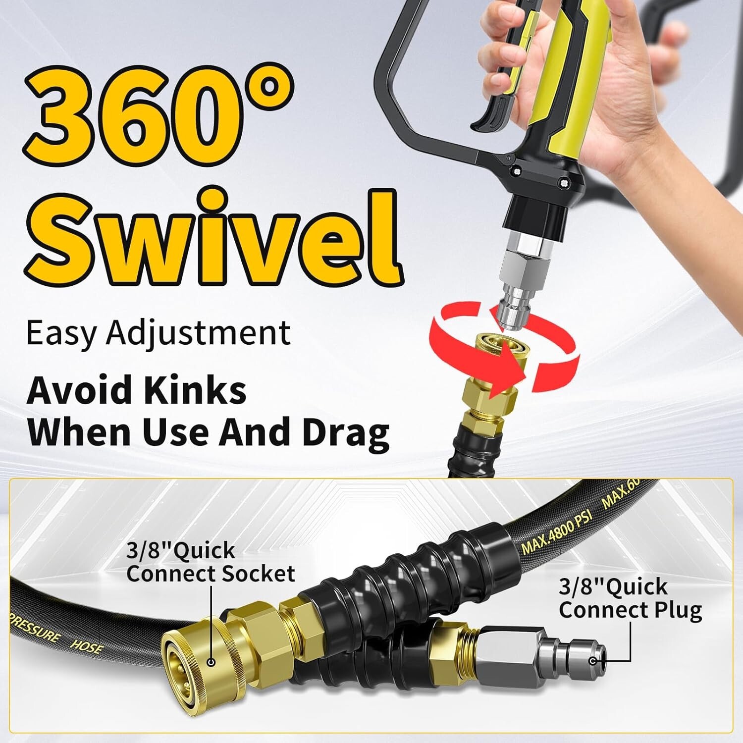 25FT 4800PSI Pressure Washer Hose 3/8″ Kink Resistant Power Hose Quick Connect