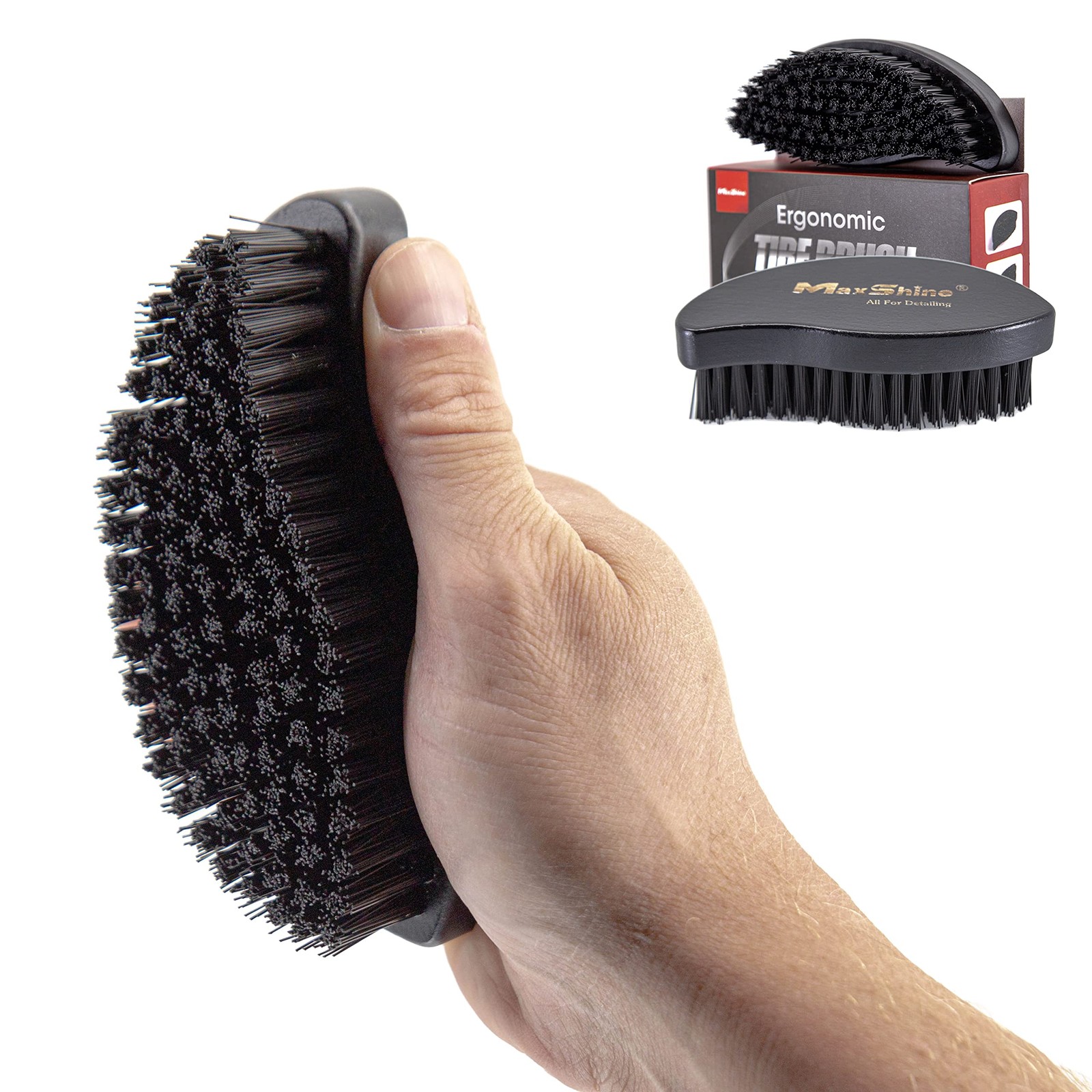 Maxshine Universal Ergonomic Tire Brush with Wood Brush, Black