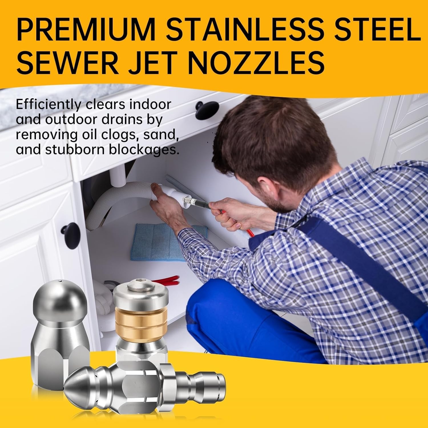 3-Pack Stainless Steel Sewer Jetter Nozzle Kit for High-Pressure Drain Cleaning