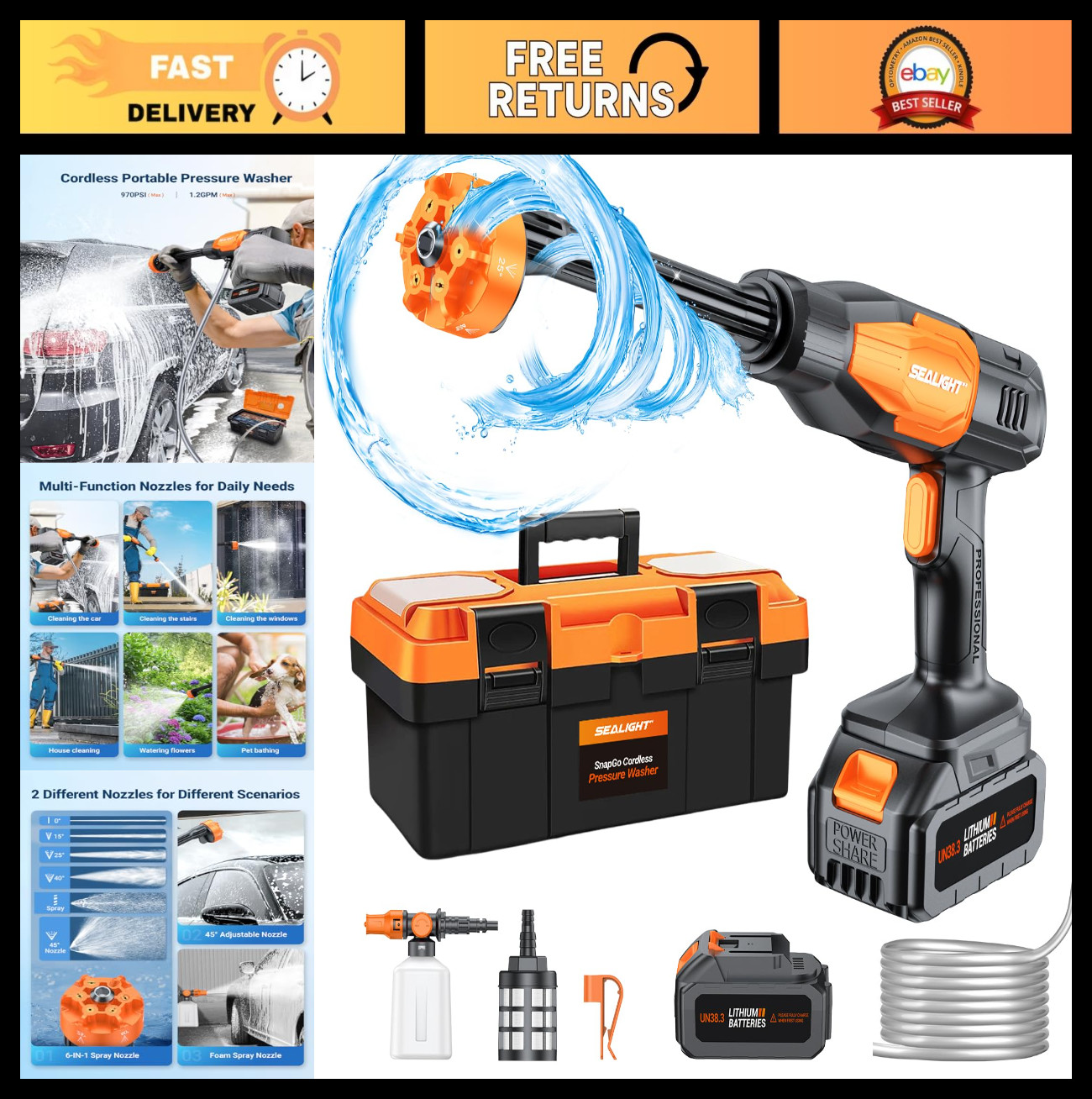 Portable Cordless Pressure Washer 970PSI, Battery Operated Power Washer for Cars