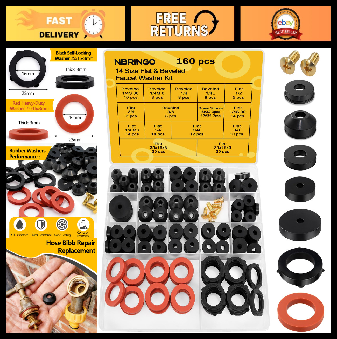 160-Piece Hose Bib Washers Kit – Assorted Sizes, Rubber Gaskets & Brass Screws f