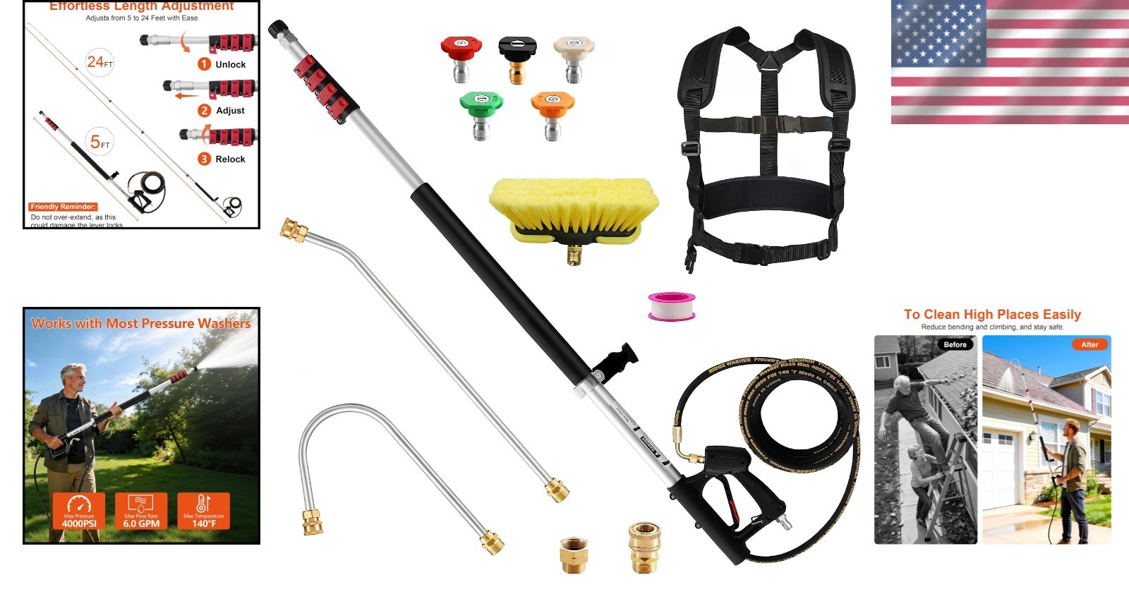 Lightweight 24 Feet Pressure Washer Extension Wand Ideal for Hard to Areas