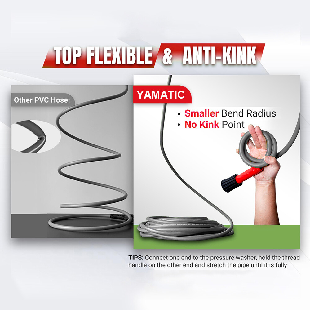 YAMATIC 1/4″ Kink Resistant Flexible Pressure Washer Hose M22-14mm 3200 PSI