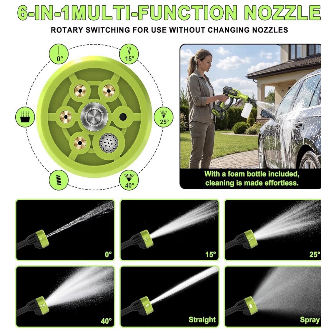 Cordless Portable Pressure Washer, 3 Modes, 23ft Hose, 6-in-1 Nozzle, Car