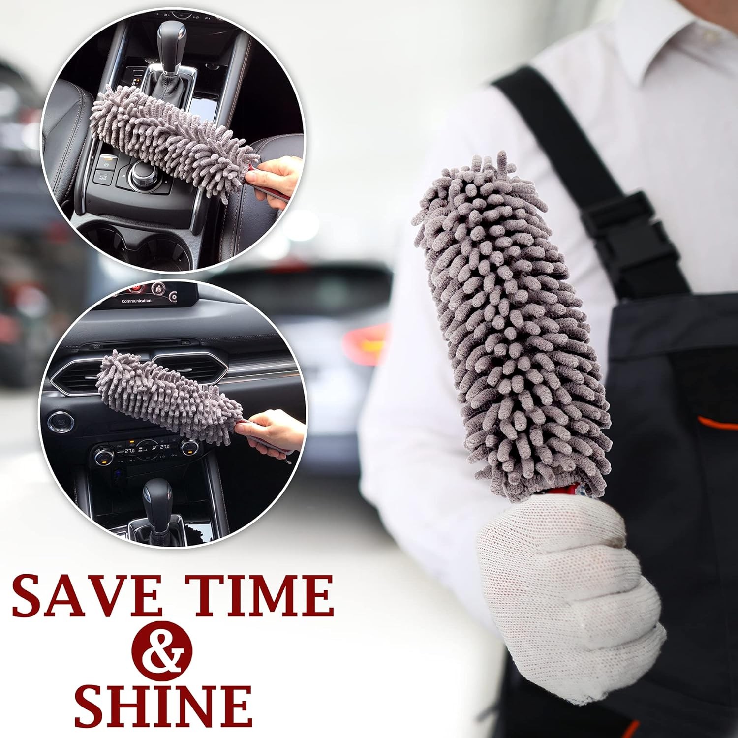 Car Duster Interior by TAKAVU, 360° Microfiber Chenille with Towel, Gray
