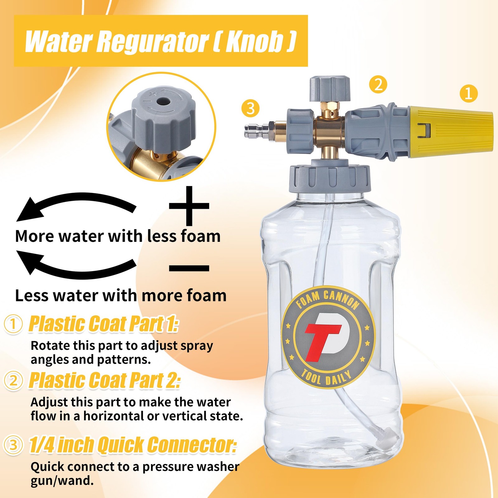 Foam Cannon Pressure Washer Dual Connector M22 1/4 Quick Connect 1,5L